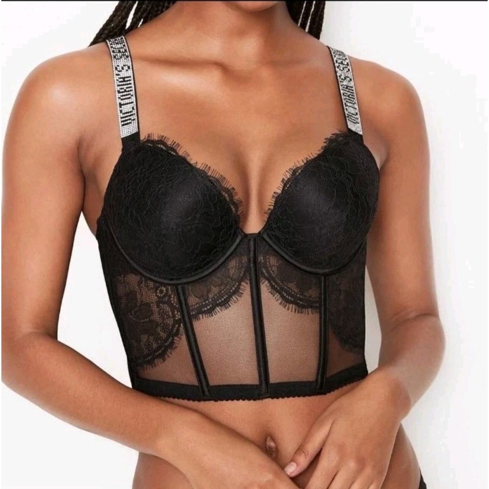Victorias Secret Black Rhinstone Shine Lace Corset Rhinestone Longline Bra 36D